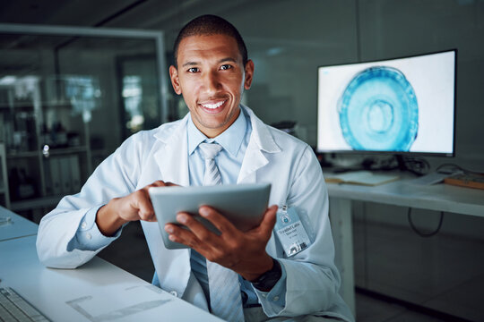 Tablet, report and scientist portrait with digital innovation, data and online in laboratory. African man, doctor and information technology for futuristic medical research with pharma healthcare