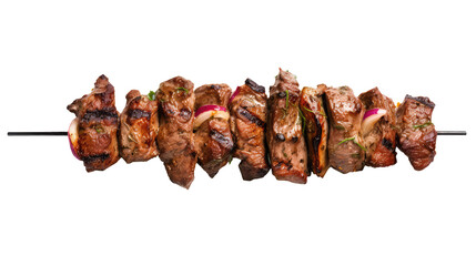 One little kebab on a wooden stick with meat and vegetables. Shish kebab on skewer isolated on white transparent png background, cutout.  - obrazy, fototapety, plakaty