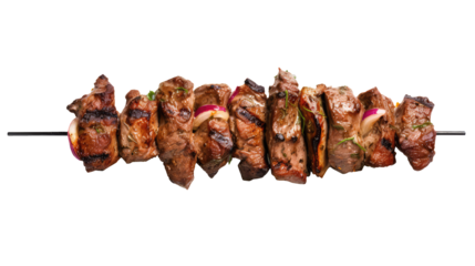 One little kebab on a wooden stick with meat and vegetables. Shish kebab on skewer isolated on white transparent png background, cutout. 