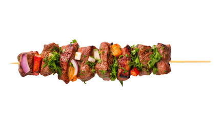 One little kebab on a wooden stick with meat and vegetables. Shish kebab on skewer isolated on...