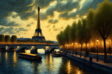 van gogh painting touch paris effel tower with seine river - obrazy, fototapety, plakaty