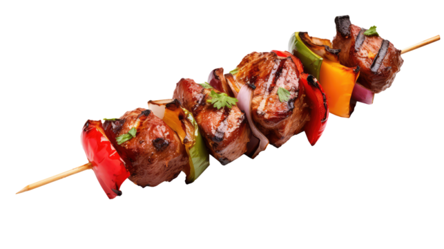 One little kebab on a wooden stick with meat and vegetables. Shish kebab on skewer isolated on white transparent png background, cutout. 