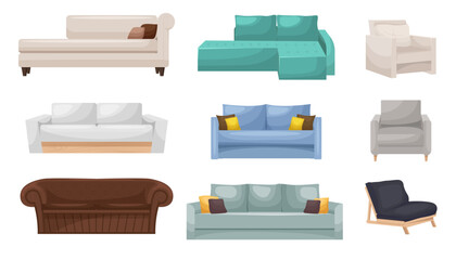 Furniture set. Collection of interior items for a cozy isolated interior. Designer trendy furniture. Vector illustration of living room furniture in mid century modern style.
