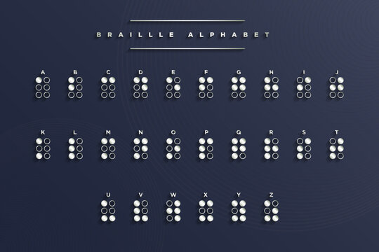 Stylish Braille English Alphabet on elegant dark blue background. ABC guide for blind and visually impaired people. Braille Letters as Dots. Vector Illustration. EPS 10.
