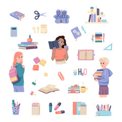 Big set of school supplies and girls. Childish cute stationery subjects. Back to school. Vector flat illustration in hand drawn style.