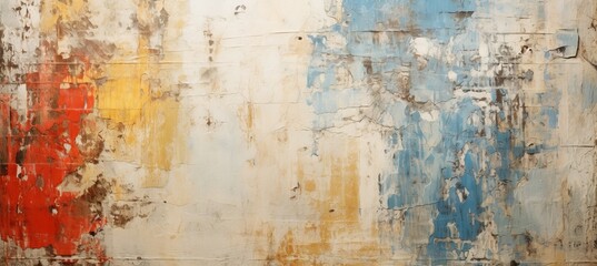 Old concreate wall with peeling paint texture of white, red, yellow and blue colors. Generative AI technology.