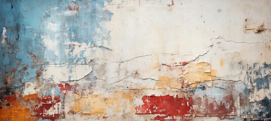Aged wall with peeling paint texture of white, red, yellow and blue colors. Generative AI technology.