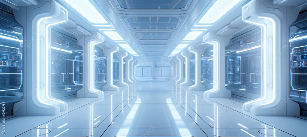 Poster Futuristic server room data center background. Generative AI technology.	
