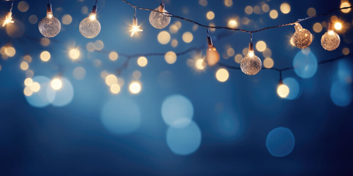 Christmas garland bokeh lights over blue background. Minimalist holiday illumination. AI generated
