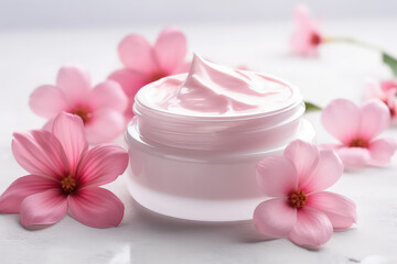 Obraz na płótnie Canvas Cosmetic open round pink cream cosmetic jar decorated with spring pink sakura blossoms. Creative banner of floral natural body cream.
