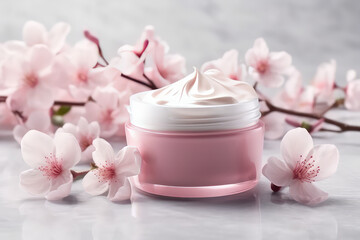 Obraz na płótnie Canvas Cosmetic open round white cream cosmetic jar decorated with spring pink sakura blossoms. Creative banner of floral natural body cream.