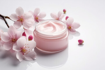 Cosmetic open round pink cream cosmetic jar decorated with spring pink sakura blossoms. Creative banner of floral natural body cream.