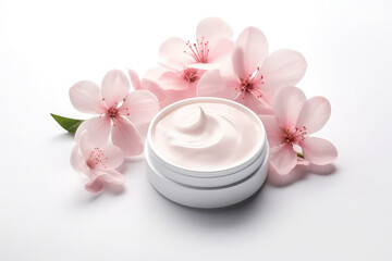 Fototapeta na wymiar Cosmetic open round white cream cosmetic jar decorated with spring pink sakura blossoms. Creative banner of floral natural body cream.