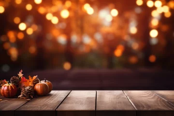 Fototapeten Empty dark wood table top with blurred bright Thanksgiving background. AI generated © barmaleeva