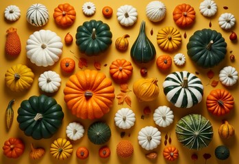 Autumn ornamental pumpkins and leaves flat lay pattern. Fall colors background. AI generated image