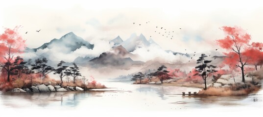 Japanese nature landscape traditional oriental painting style background. Generative AI technology.	
