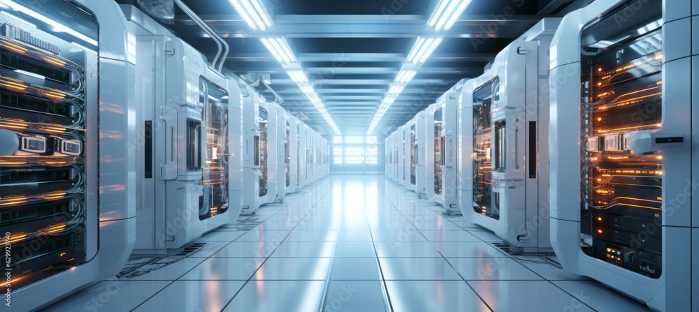 Poster Database row server room background. Generative AI technology.	
