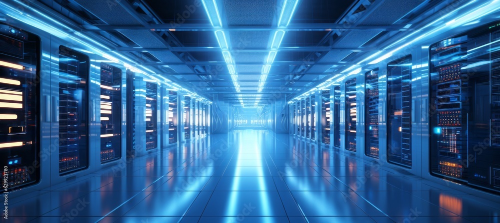 Poster Server racks room data center background. Generative AI technology.	
