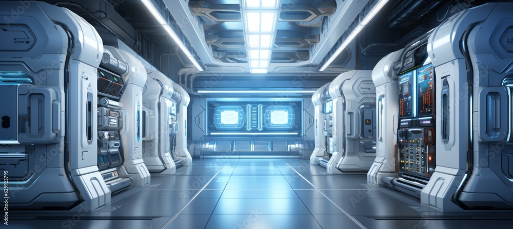 Poster Clouds computing mining server room data center background. Generative AI technology.	
