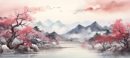 Zelfklevend Fotobehang Riverside, cherry blossoms trees, and mountain landscape traditional oriental painting style background. Generative AI technology.  © Hero Design