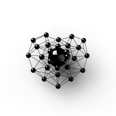 black sphere in heart shape with wireframe inside on white background created by generative AI technology.