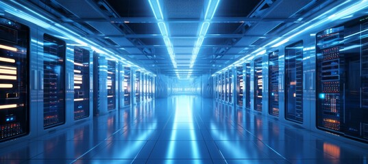 Fototapeta premium Server racks room data center background. Generative AI technology. 