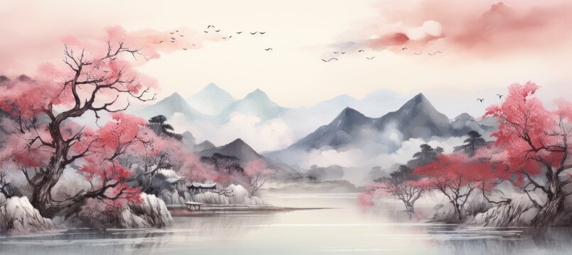 Riverside, cherry blossoms trees, and mountain landscape traditional oriental painting style background. Generative AI technology.	