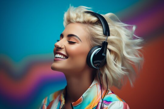 A beautiful blonde girl listening to loud music on pink headphones and laughing. Pink concept. Good mood vibes. Design for happy day in life concept. Illustration. Generative AI