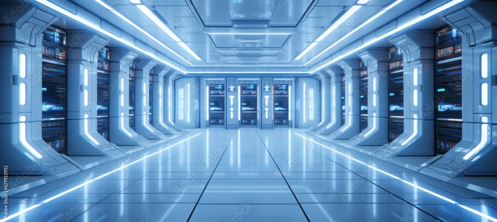 Poster Rows of futuristic server data storage device background. Generative AI technology.