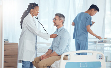 Doctor, stethoscope or man with test, exam or patient healthcare assessment, medical checkup or...