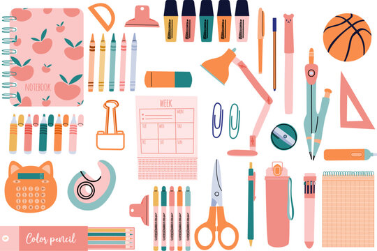 A set of school stationery and supplies in cartoon style. The contents of the student s backpack. Accessories for a workspace in style