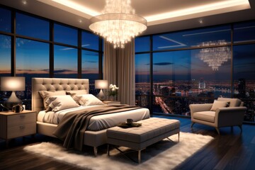 A sumptuous penthouse bedroom with a city view.