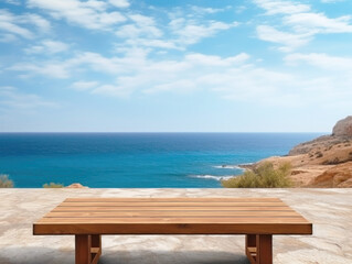 Fototapeta premium Wooden table on the background of the sea, island and the blue sky. High quality photo.