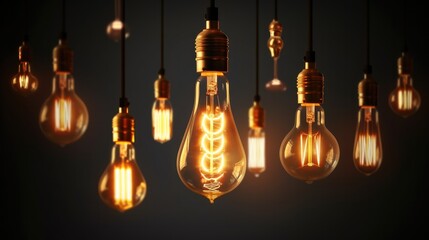 Obraz premium Classic retro lighting bulb in orange warm light shade, Object for interior decoration, Vintage Edison design.