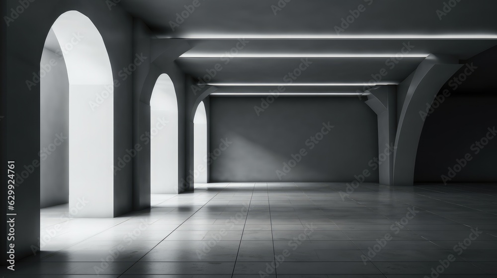 Poster Dark wall in stylish empty gallery hall with huge columns, Modern architecture.