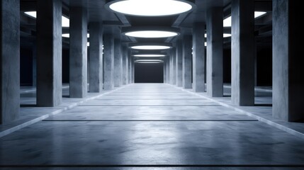 Modern Futuristic Underground Tunnel Hall, Futuristic dark with light.