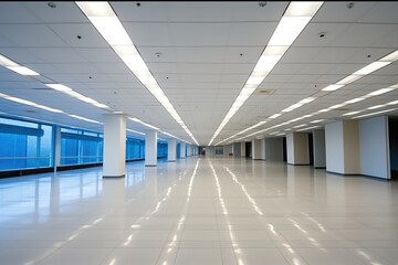 Fototapeta premium Empty of of business building with lights, Modern interior design background.