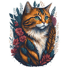 Watercolor Illustration Cat's Face PNG Design,  Can be used for the logo, t-shirt design, posters, banners, greetings, print design, generative ai	
