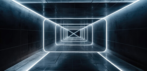 Obraz premium Empty tunnel with neon light, Laser lines in the center of the room, Futuristic dark with light and reflection background.