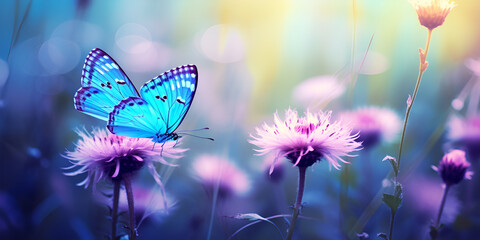 Beautiful blue butterfly and pink flowers. Summer and spring background  butterfly on flower