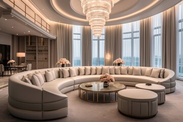 Penthouse condo, Stylish and elegant living room with luxurious furniture and a stunning chandelier.