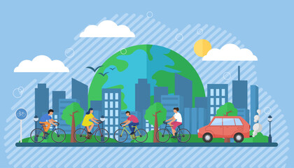 Environmentally friendly city. Bike Lane. People ride bicycles.