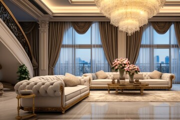 Luxury Apartment, Luxurious living room with elegant furniture and a stunning chandelier.