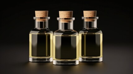 Big and small glass bottles for cosmetic on black background, perfume, drink with black label, cork.