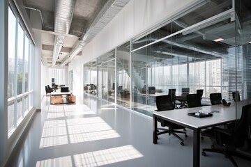 Conference room and an open space office as seen from a loft office lobby, Interior design look clean, bright.