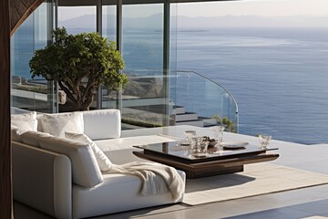 Luxury home showcase living room and balcony with scenic ocean view.