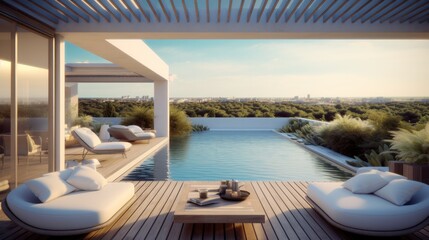 Fototapeta na wymiar Modern living room with pool overlooking ocean, Modern luxury home.