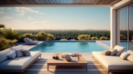 Modern living room with pool overlooking ocean, Modern luxury home.