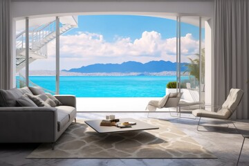 Luxury home showcase living room and balcony with scenic ocean view