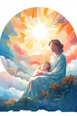 A painting of a woman holding a child. Digital image. Guardian angel.